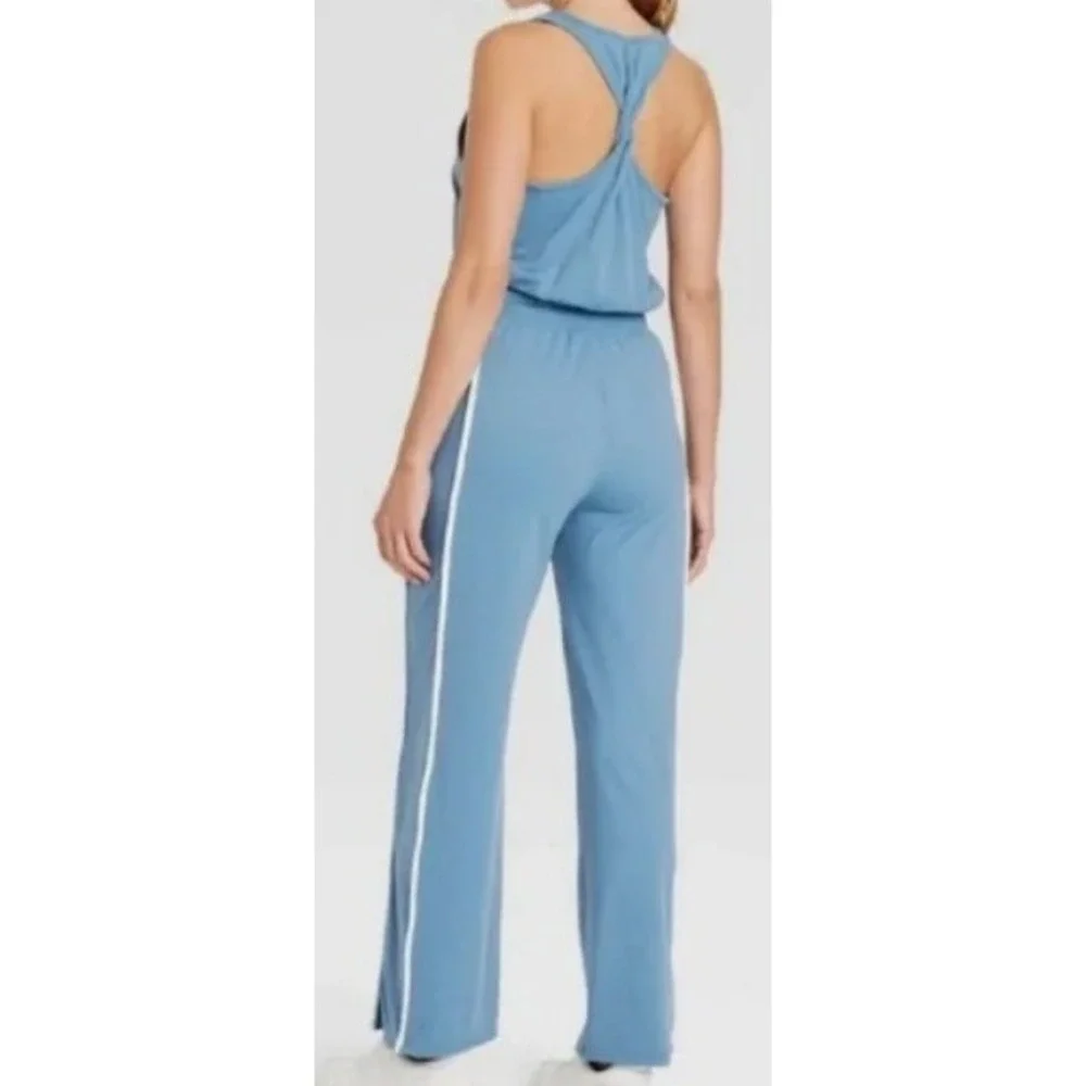 JoyLab Womens L Blue Athletic Wide Leg Jumpsuit Twist Back Stripe Leg Pockets - Picture 2 of 16
